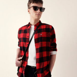 red & black block checked slim fit casual shirt
