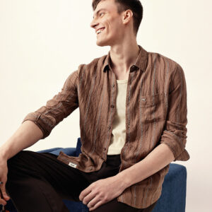 rust vertical seersucker pinstripe slim fit casual shirt