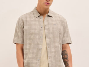 beige textured checked regular fit half sleeve casual shirt