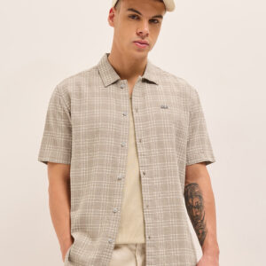 beige textured checked regular fit half sleeve casual shirt