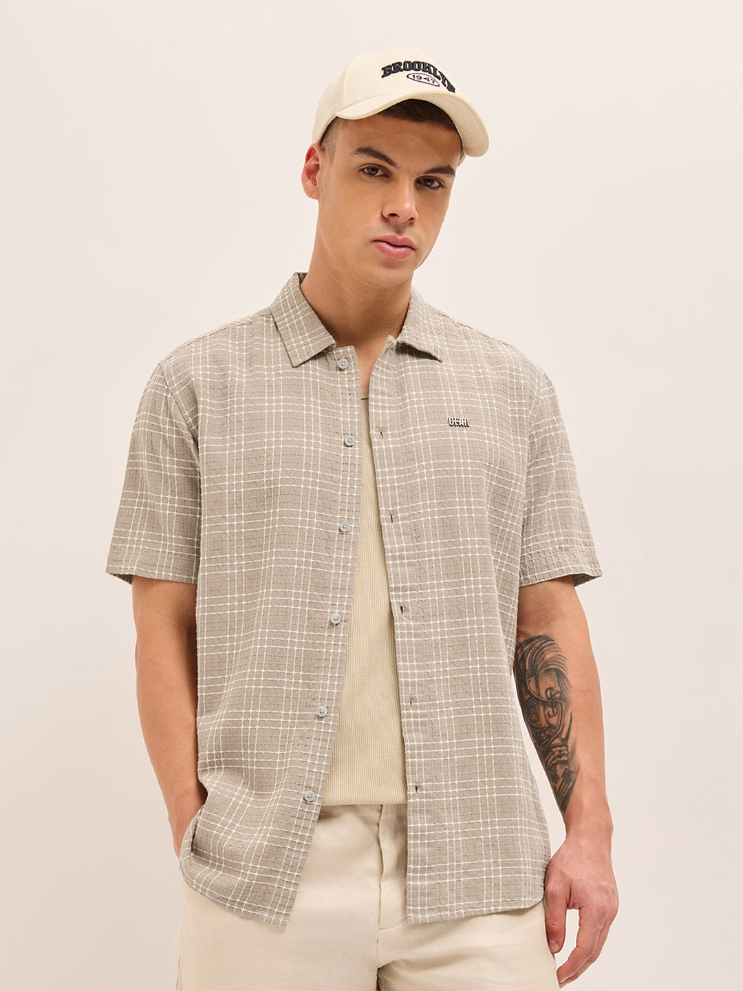beige textured checked regular fit half sleeve casual shirt beige textured checked regular fit half sleeve casual shirt