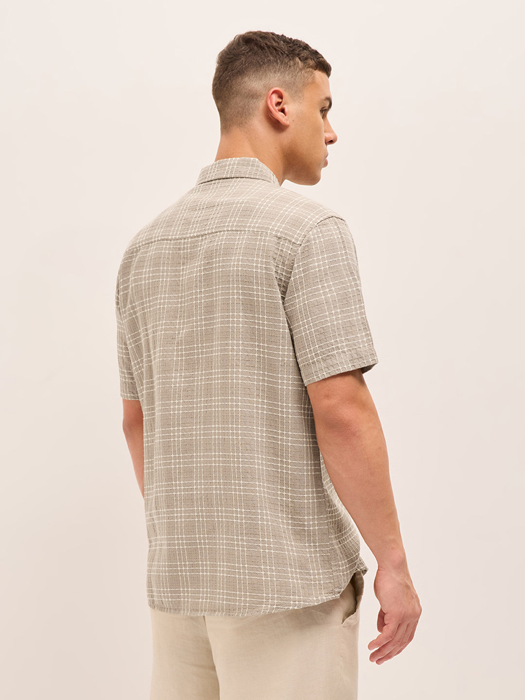 beige textured checked regular fit half sleeve casual shirt beige textured checked regular fit half sleeve casual shirt