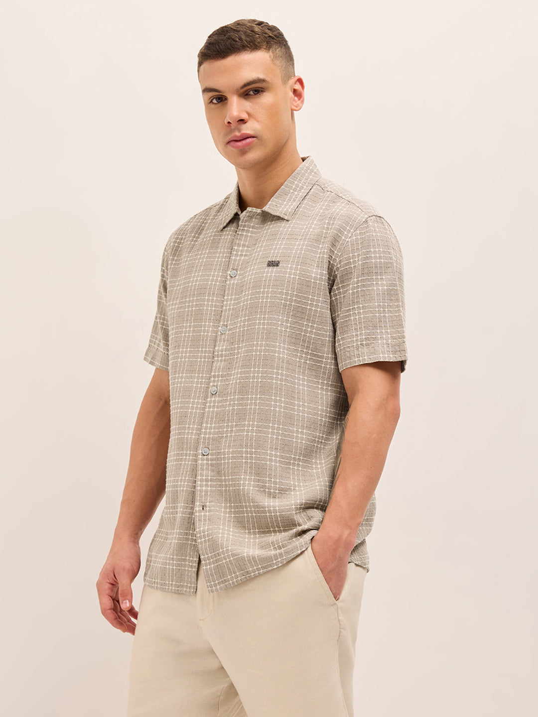 beige textured checked regular fit half sleeve casual shirt beige textured checked regular fit half sleeve casual shirt