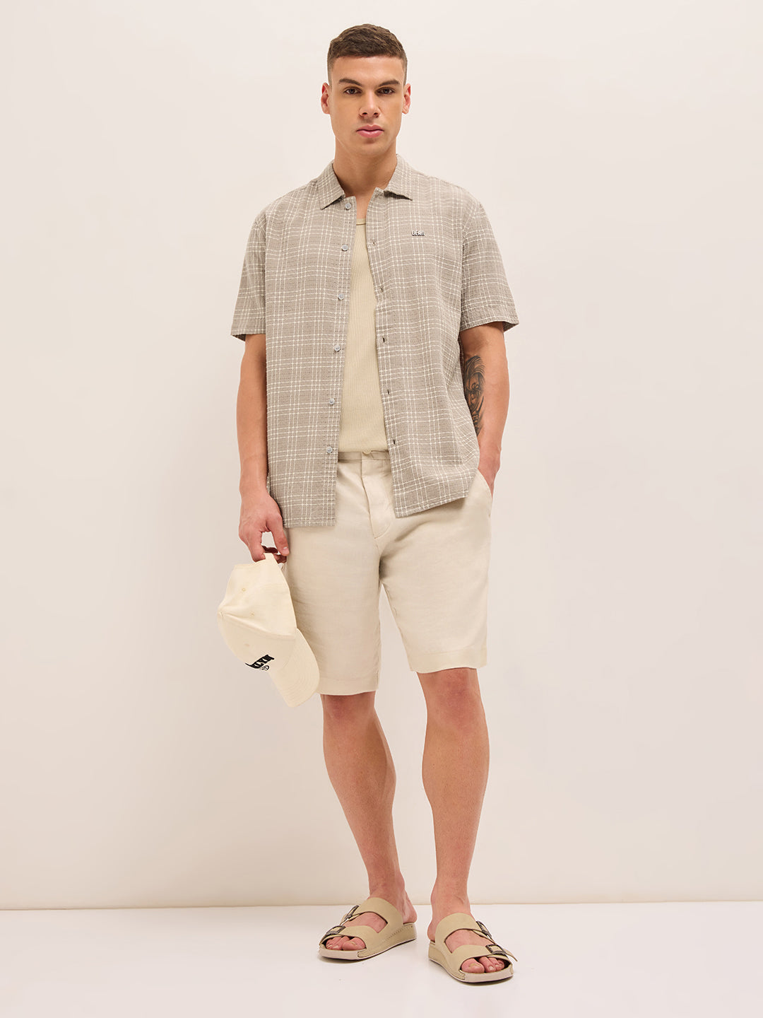 beige textured checked regular fit half sleeve casual shirt beige textured checked regular fit half sleeve casual shirt