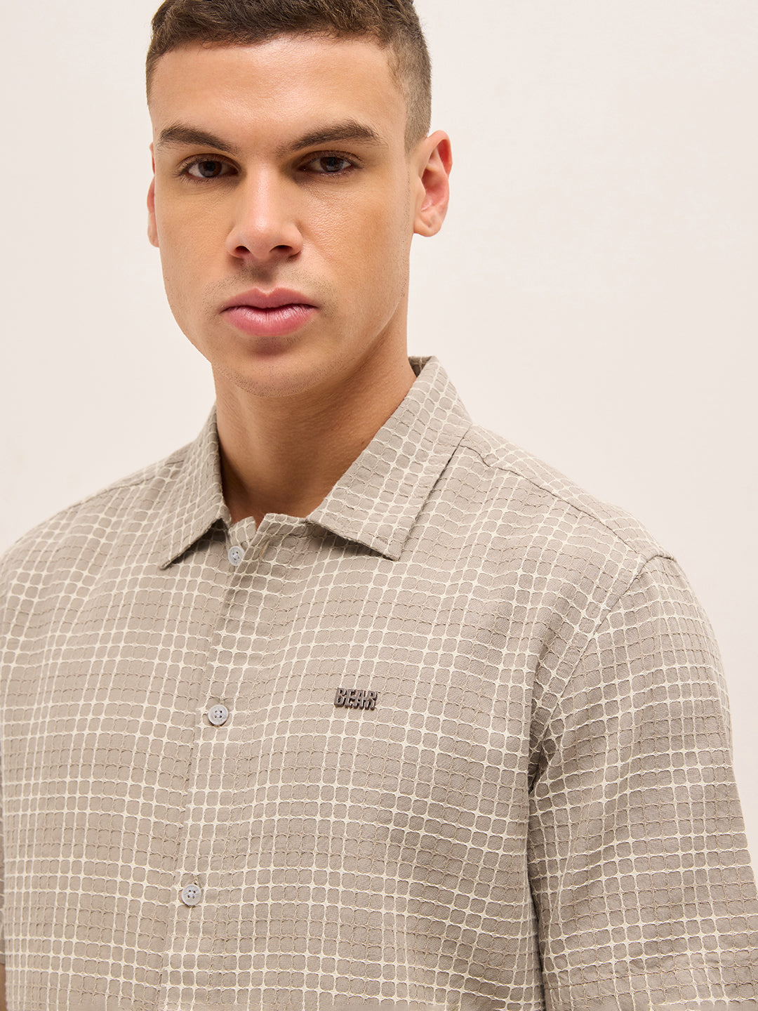 beige textured checked regular fit half sleeve casual shirt beige textured checked regular fit half sleeve casual shirt