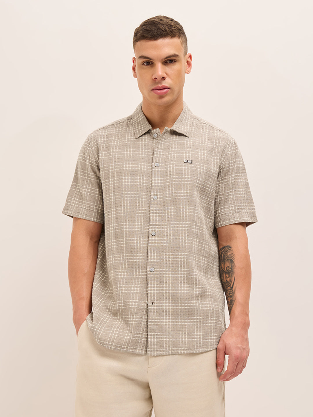 beige textured checked regular fit half sleeve casual shirt beige textured checked regular fit half sleeve casual shirt