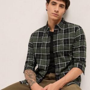 olive & black woven check slim fit casual shirt