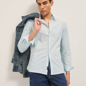 light blue cotton linen slim fit solid casual shirt