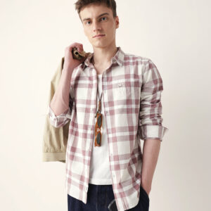 off white with pink woven tartan checked slim fit casual shirt