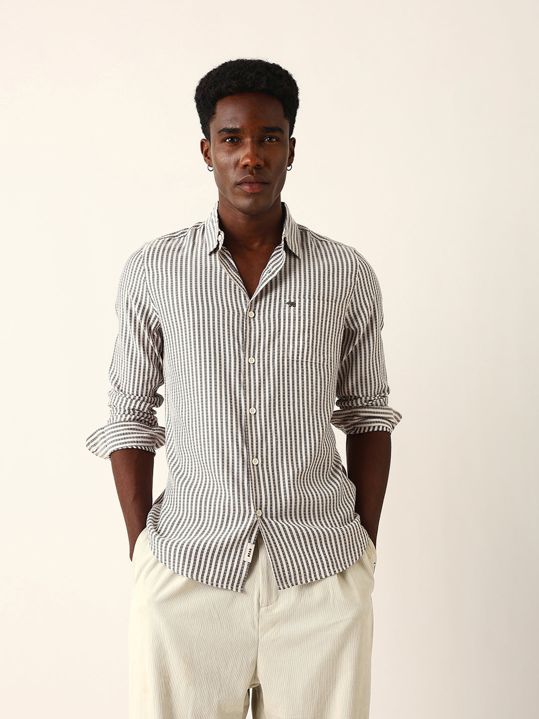 black & white vertical woven pinstriped slim fit casual shirt black & white vertical woven pinstriped slim fit casual shirt