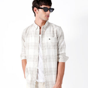 cream & brown slim fit plaid check woven casual shirt