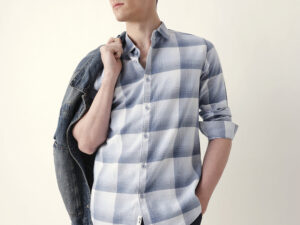 blue with white woven checkered slim fit casual shirt