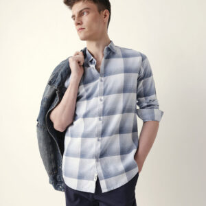 blue with white woven checkered slim fit casual shirt