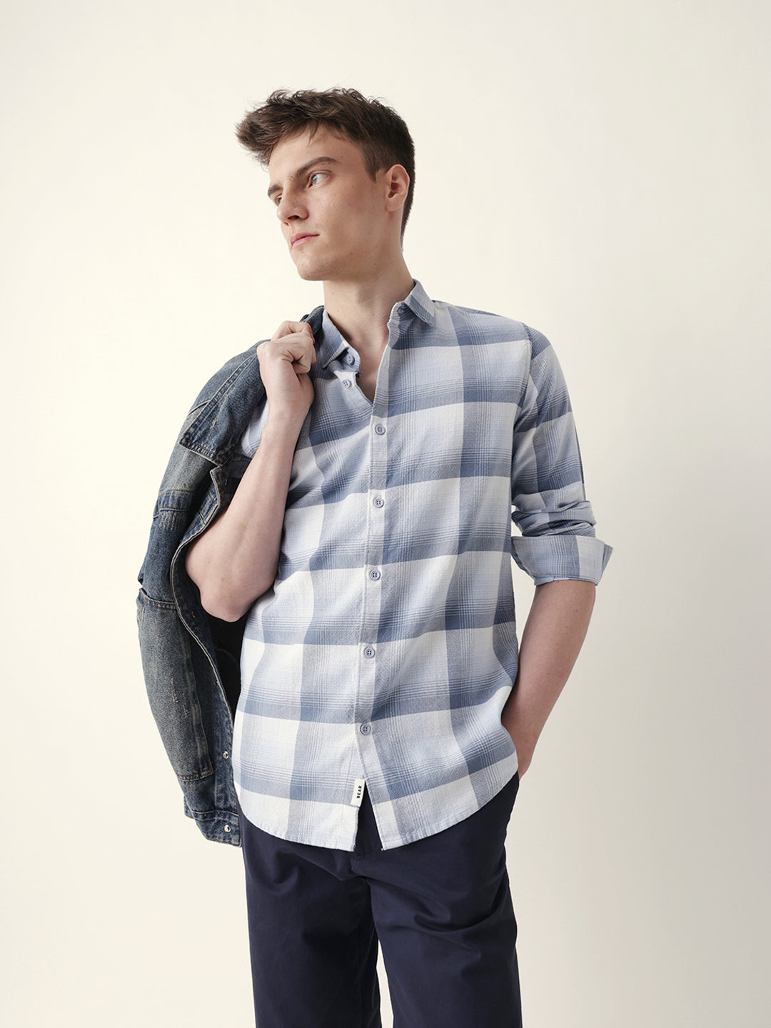 blue with white woven checkered slim fit casual shirt blue with white woven checkered slim fit casual shirt