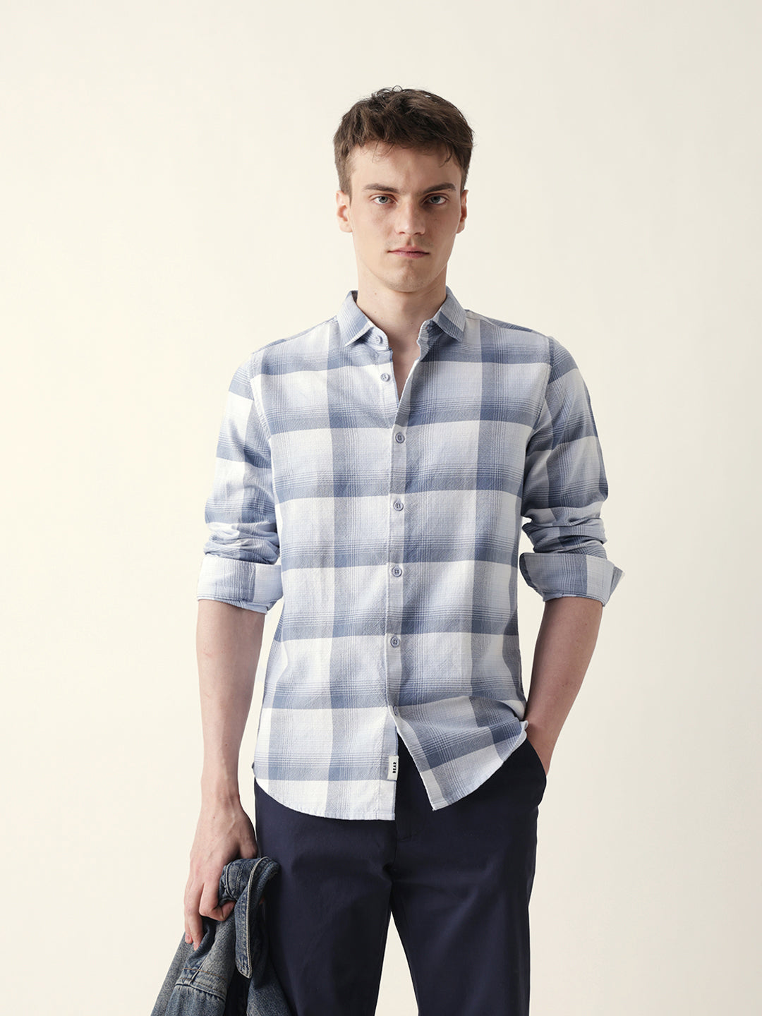 blue with white woven checkered slim fit casual shirt blue with white woven checkered slim fit casual shirt