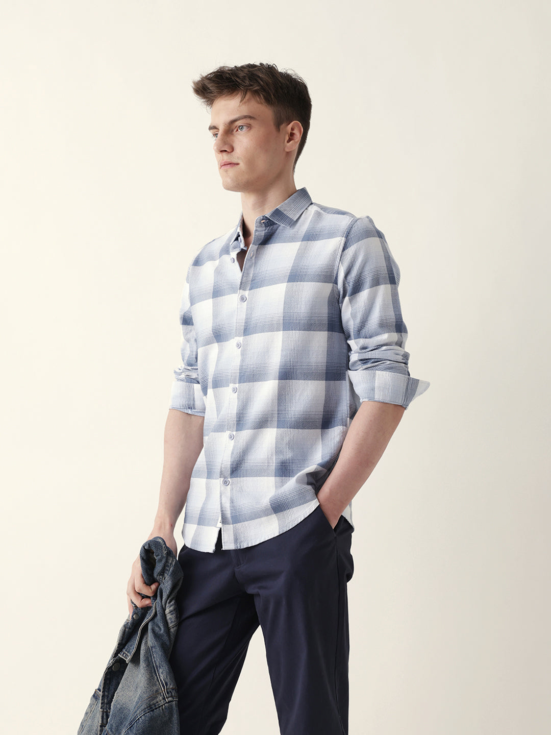 blue with white woven checkered slim fit casual shirt blue with white woven checkered slim fit casual shirt