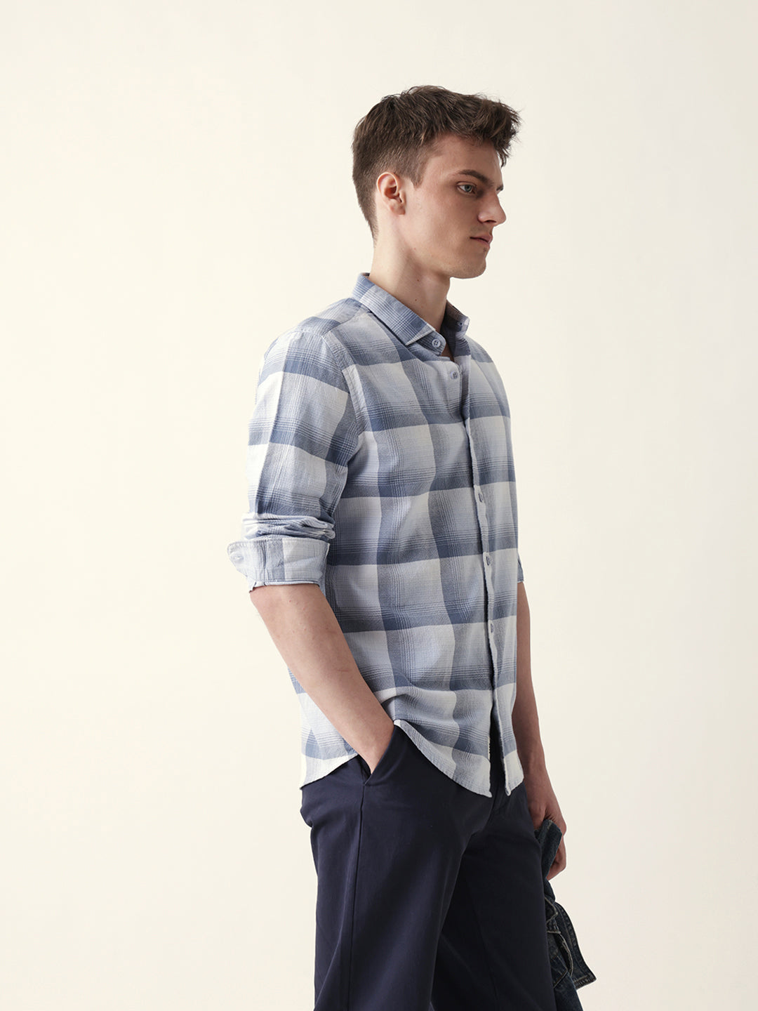 blue with white woven checkered slim fit casual shirt blue with white woven checkered slim fit casual shirt