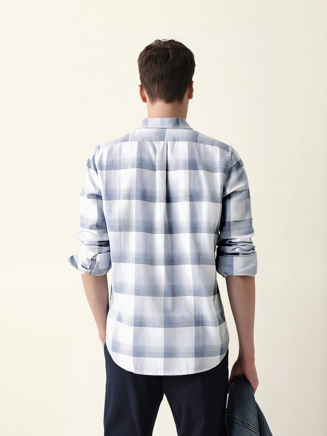 blue with white woven checkered slim fit casual shirt blue with white woven checkered slim fit casual shirt