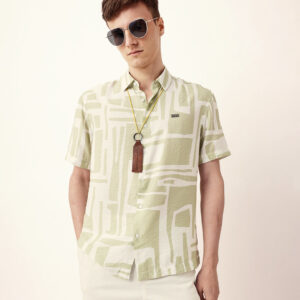 white & green relaxed fit abstract stroke print half sleeve casual shirt