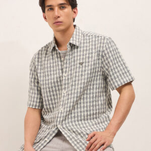 grey woven checked oversized fit casual shirt with spread collar