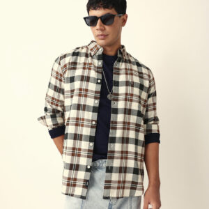 multicolor woven tartan checked slim fit casual shirt