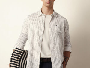 white vertical seersucker pinstripe slim fit casual shirt