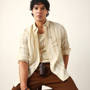 cream woven vertical striped slim fit casual shirt