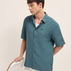 teal all over textured leaf motif oversized casual shirt with half sleeves