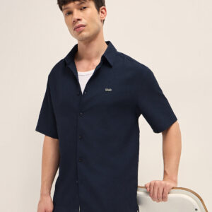 navy all over textured leaf motif oversized casual shirt with half sleeves