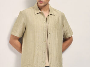 beige crinkled textured regular fit half sleeve casual shirt