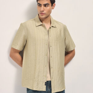 beige crinkled textured regular fit half sleeve casual shirt