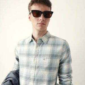 teal with cream woven checkered slim fit casual shirt