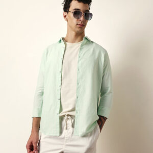 green vertical woven stripe slim fit casual shirt