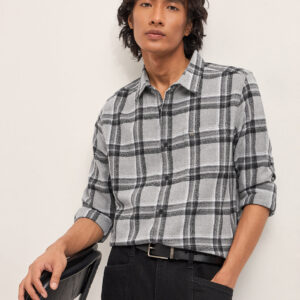 grey tartan checked flannel slim fit casual shirt