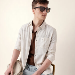 cream slim fit casual shirt with vertical stripes & horizontal texture design