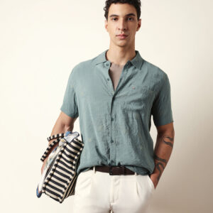 green embroidered motif regular fit casual shirt