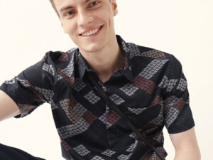black regular fit casual shirt with geometric floral grid print