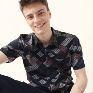 black regular fit casual shirt with geometric floral grid print
