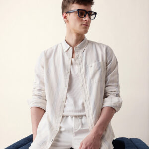 off white with blue woven vertical stripes slim fit casual shirt