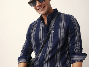 blue vertical woven stripe slim fit casual shirt