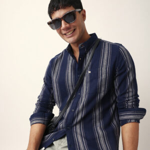 blue vertical woven stripe slim fit casual shirt