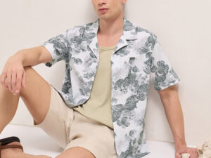 white tropical floral print relaxed fit cuban collar shirt