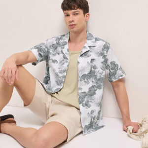white tropical floral print relaxed fit cuban collar shirt