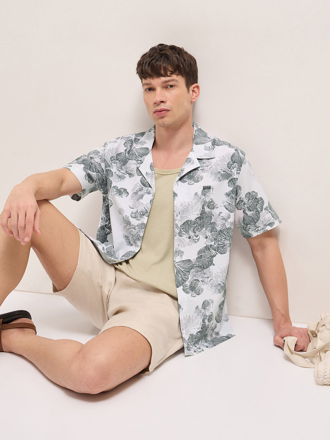 white tropical floral print relaxed fit cuban collar shirt white tropical floral print relaxed fit cuban collar shirt