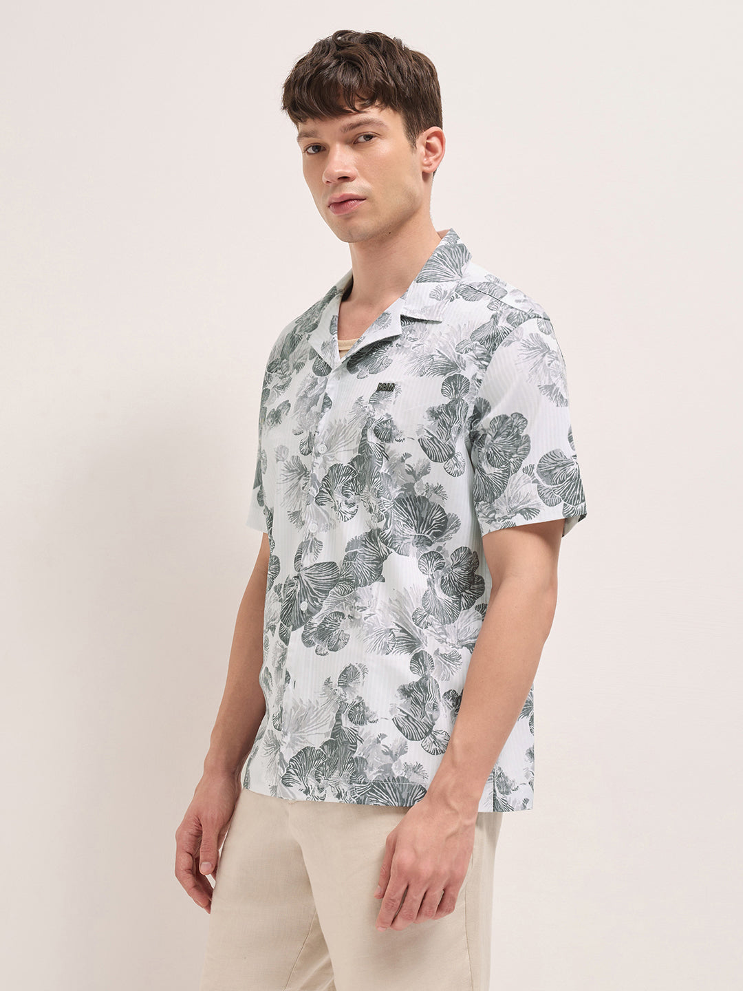 white tropical floral print relaxed fit cuban collar shirt white tropical floral print relaxed fit cuban collar shirt