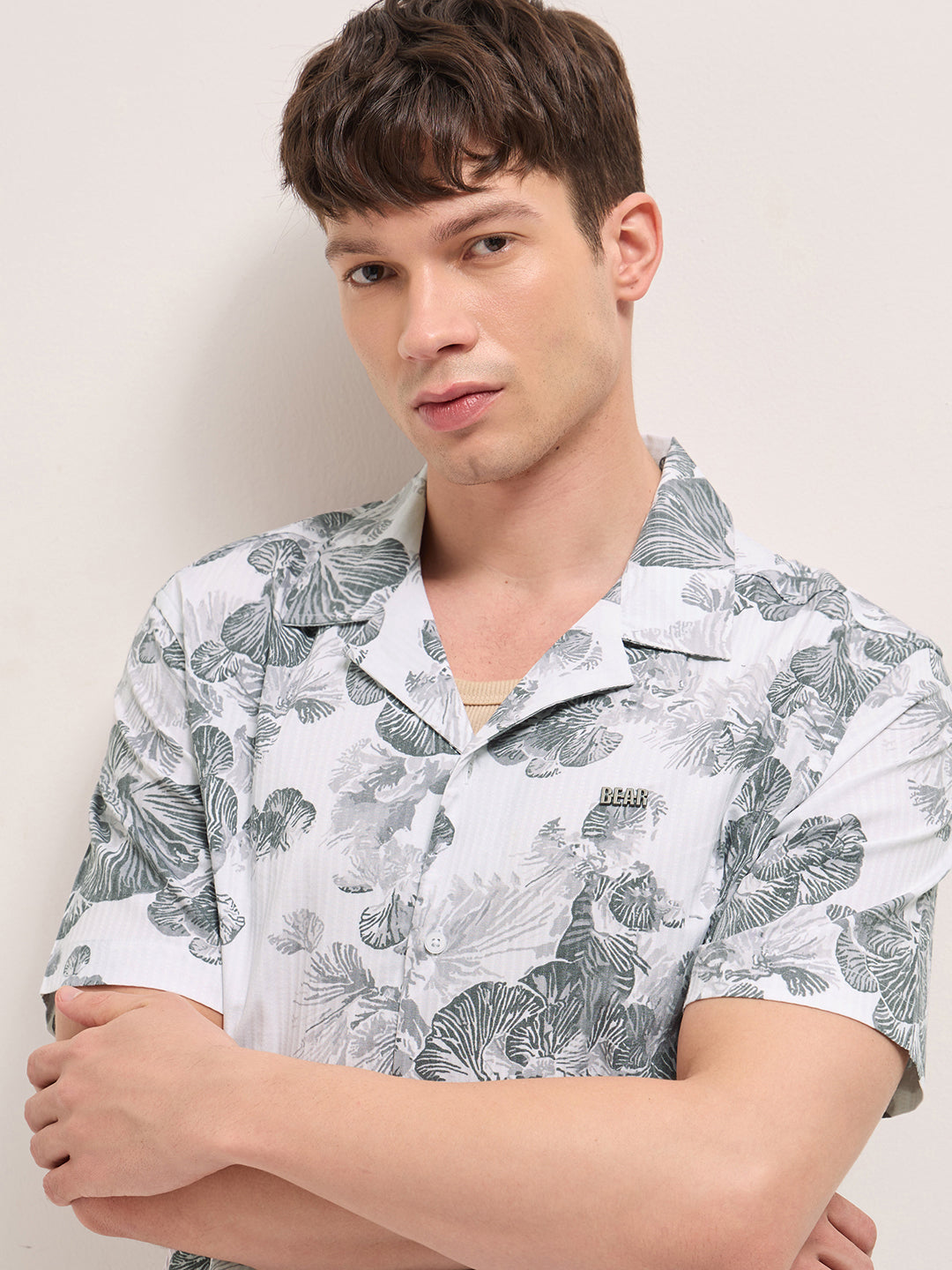 white tropical floral print relaxed fit cuban collar shirt white tropical floral print relaxed fit cuban collar shirt