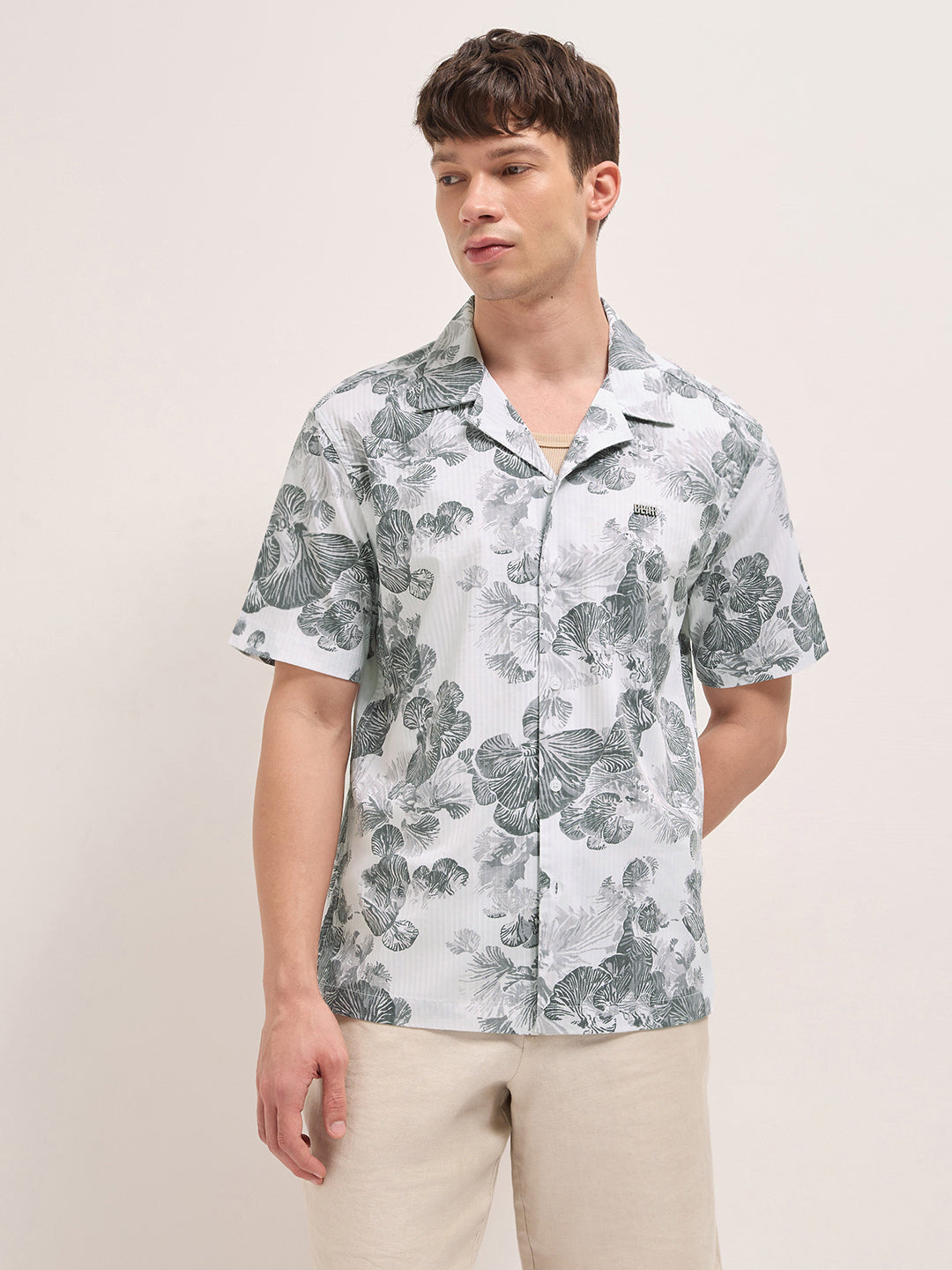 white tropical floral print relaxed fit cuban collar shirt white tropical floral print relaxed fit cuban collar shirt