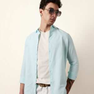 mint blue vertical woven stripe slim fit casual shirt