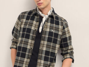 black & beige woven check regular fit casual shirt