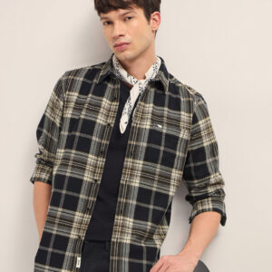 black & beige woven check regular fit casual shirt